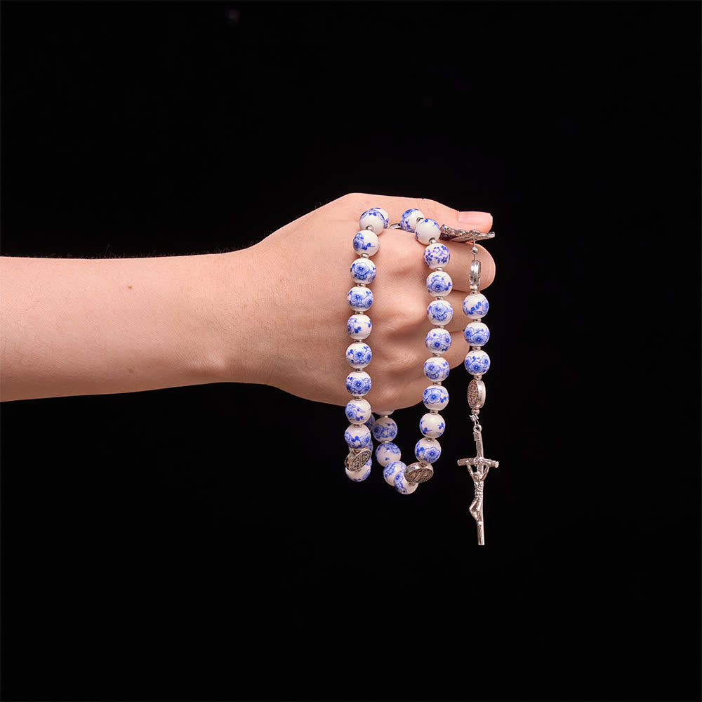 Christianartworkshop Blue & White Floral Ceramic Rosary with St. Benedict Medals & Our Lady - image 33