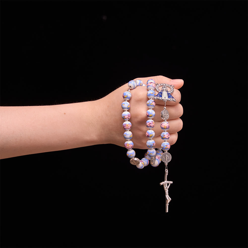 Christianartworkshop Blue & White Floral Ceramic Rosary with St. Benedict Medals & Our Lady - image 22