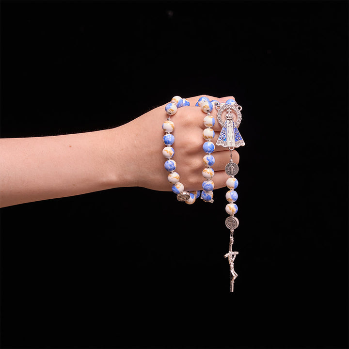 Christianartworkshop Blue & White Floral Ceramic Rosary with St. Benedict Medals & Our Lady - image 16