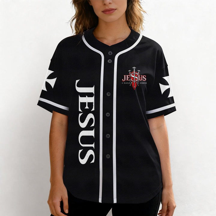 Christianartworkshop Front Vertical Jesus Nail Cross Emblem Back Lightning Lion Of Judah Portrait Button-Up Baseball Jersey - image 12