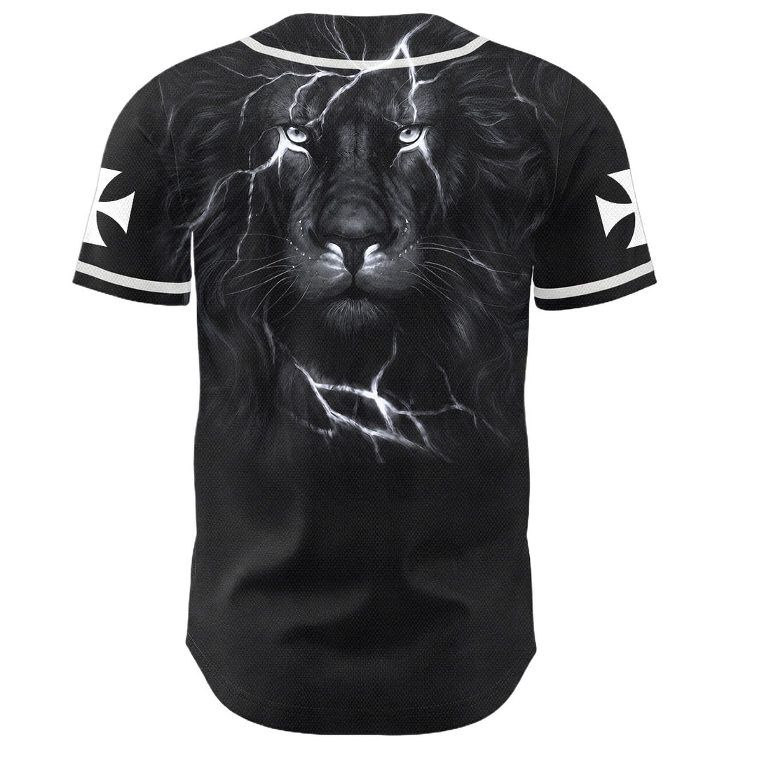 Christianartworkshop Front Vertical Jesus Nail Cross Emblem Back Lightning Lion Of Judah Portrait Button-Up Baseball Jersey - image 9