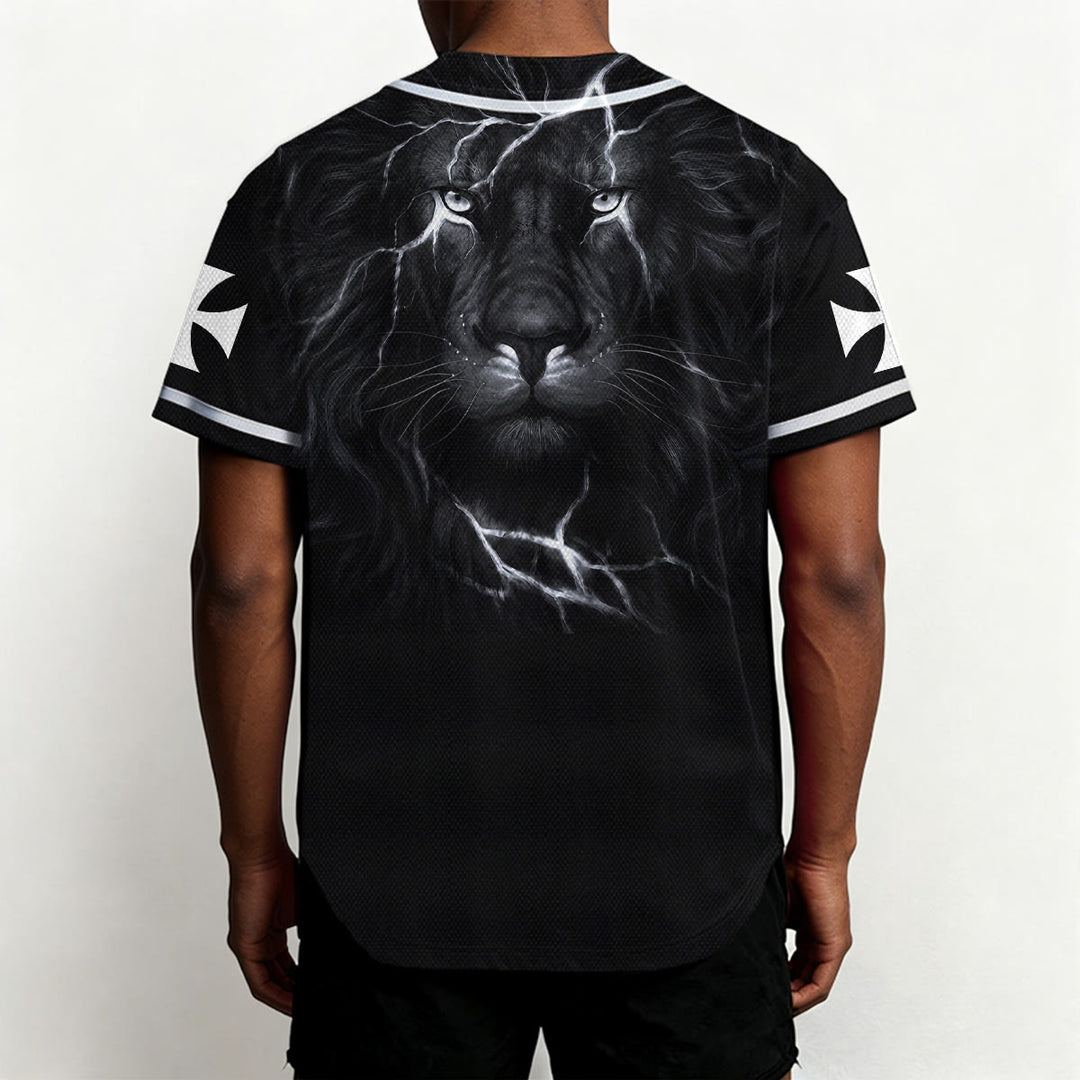 Christianartworkshop Front Vertical Jesus Nail Cross Emblem Back Lightning Lion Of Judah Portrait Button-Up Baseball Jersey - image 11