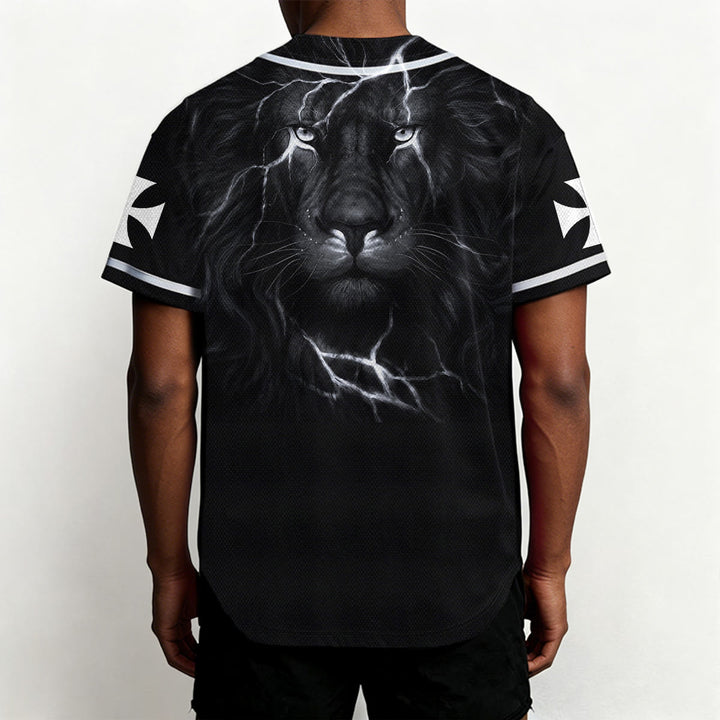 Christianartworkshop Front Vertical Jesus Nail Cross Emblem Back Lightning Lion Of Judah Portrait Button-Up Baseball Jersey - image 11