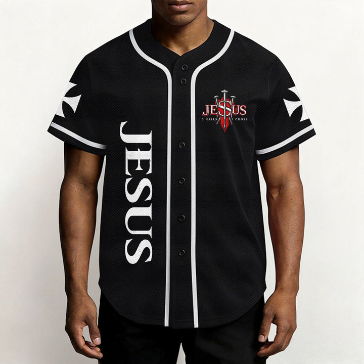 Christianartworkshop Front Vertical Jesus Nail Cross Emblem Back Lightning Lion Of Judah Portrait Button-Up Baseball Jersey - image 10