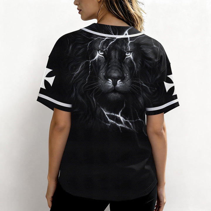 Christianartworkshop Front Vertical Jesus Nail Cross Emblem Back Lightning Lion Of Judah Portrait Button-Up Baseball Jersey - image 13