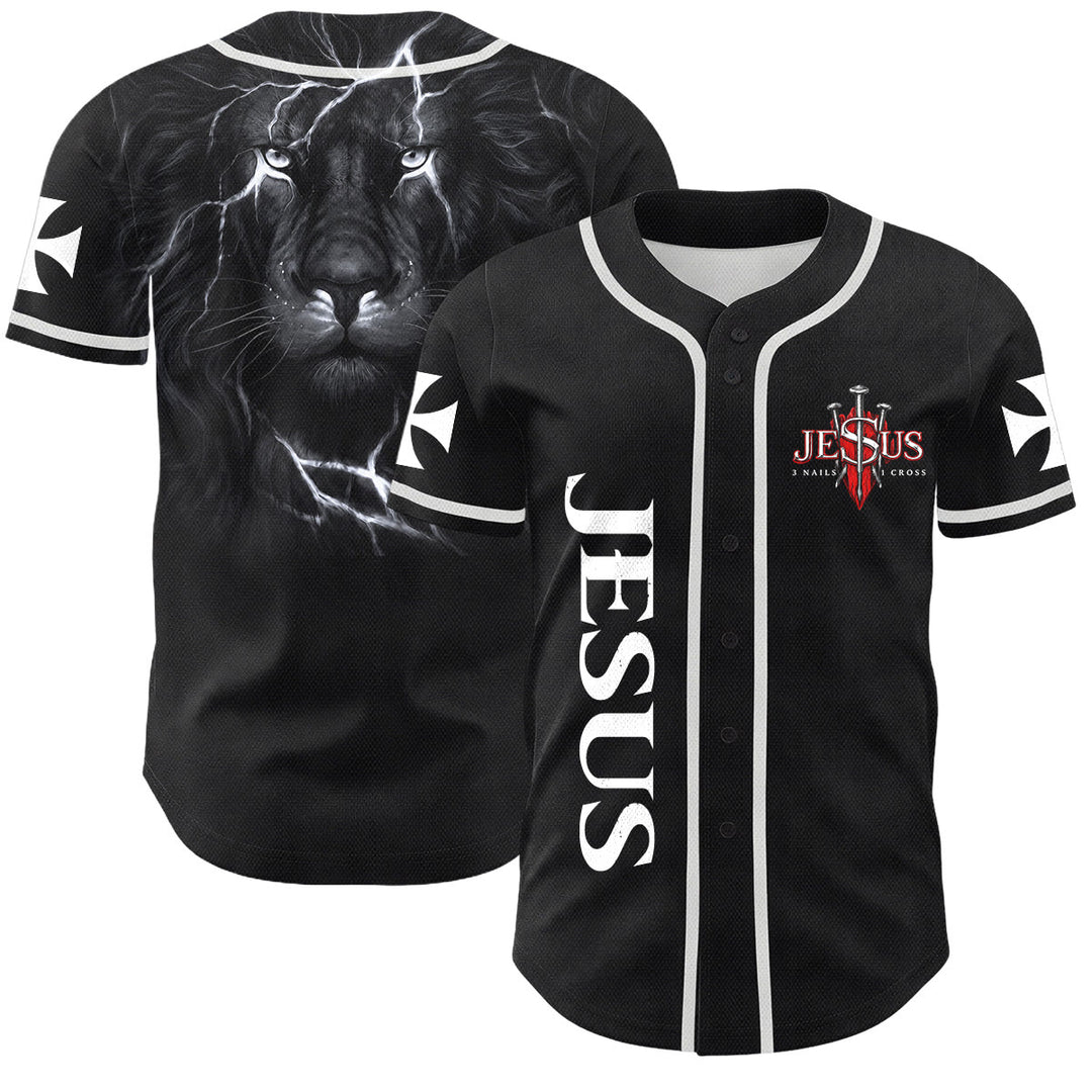 Christianartworkshop Front Vertical Jesus Nail Cross Emblem Back Lightning Lion Of Judah Portrait Button-Up Baseball Jersey - White - 5XL - image 7