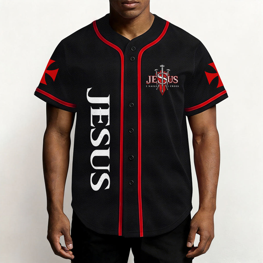 Christianartworkshop Front Vertical Jesus Nail Cross Emblem Back Lightning Lion Of Judah Portrait Button-Up Baseball Jersey - image 3