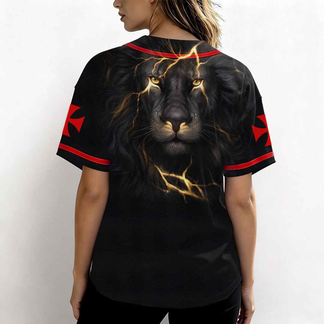 Christianartworkshop Front Vertical Jesus Nail Cross Emblem Back Lightning Lion Of Judah Portrait Button-Up Baseball Jersey - image 6