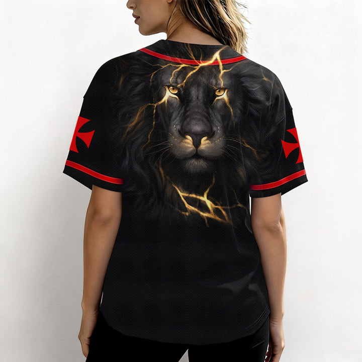 Christianartworkshop Front Vertical Jesus Nail Cross Emblem Back Lightning Lion Of Judah Portrait Button-Up Baseball Jersey - image 6