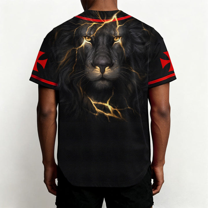 Christianartworkshop Front Vertical Jesus Nail Cross Emblem Back Lightning Lion Of Judah Portrait Button-Up Baseball Jersey - image 4