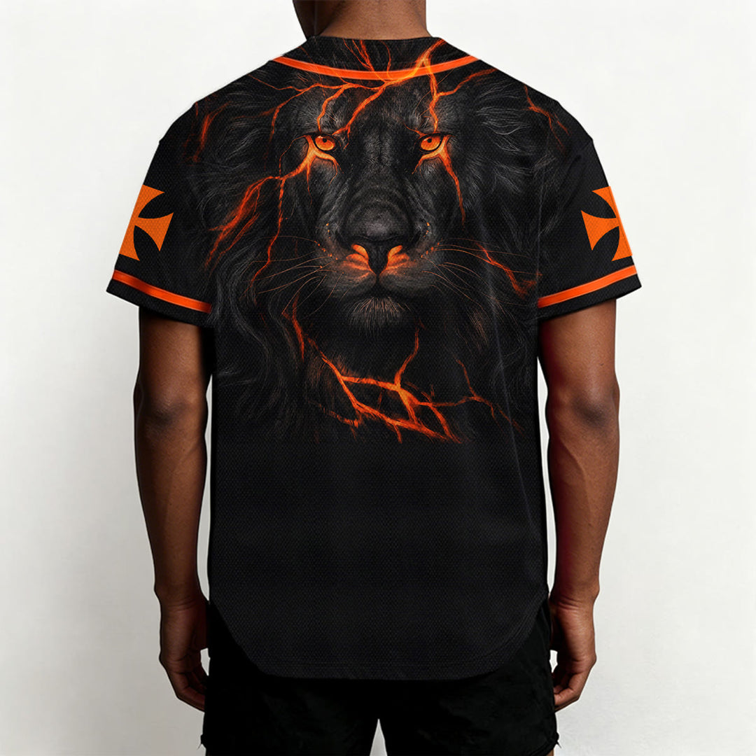 Christianartworkshop Front Vertical Jesus Nail Cross Emblem Back Lightning Lion Of Judah Portrait Button-Up Baseball Jersey - image 18