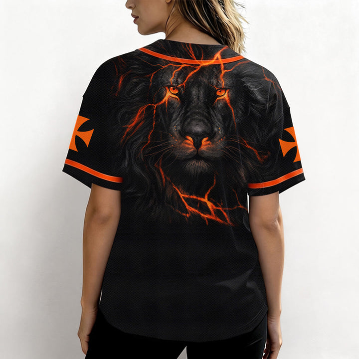 Christianartworkshop Front Vertical Jesus Nail Cross Emblem Back Lightning Lion Of Judah Portrait Button-Up Baseball Jersey - image 20