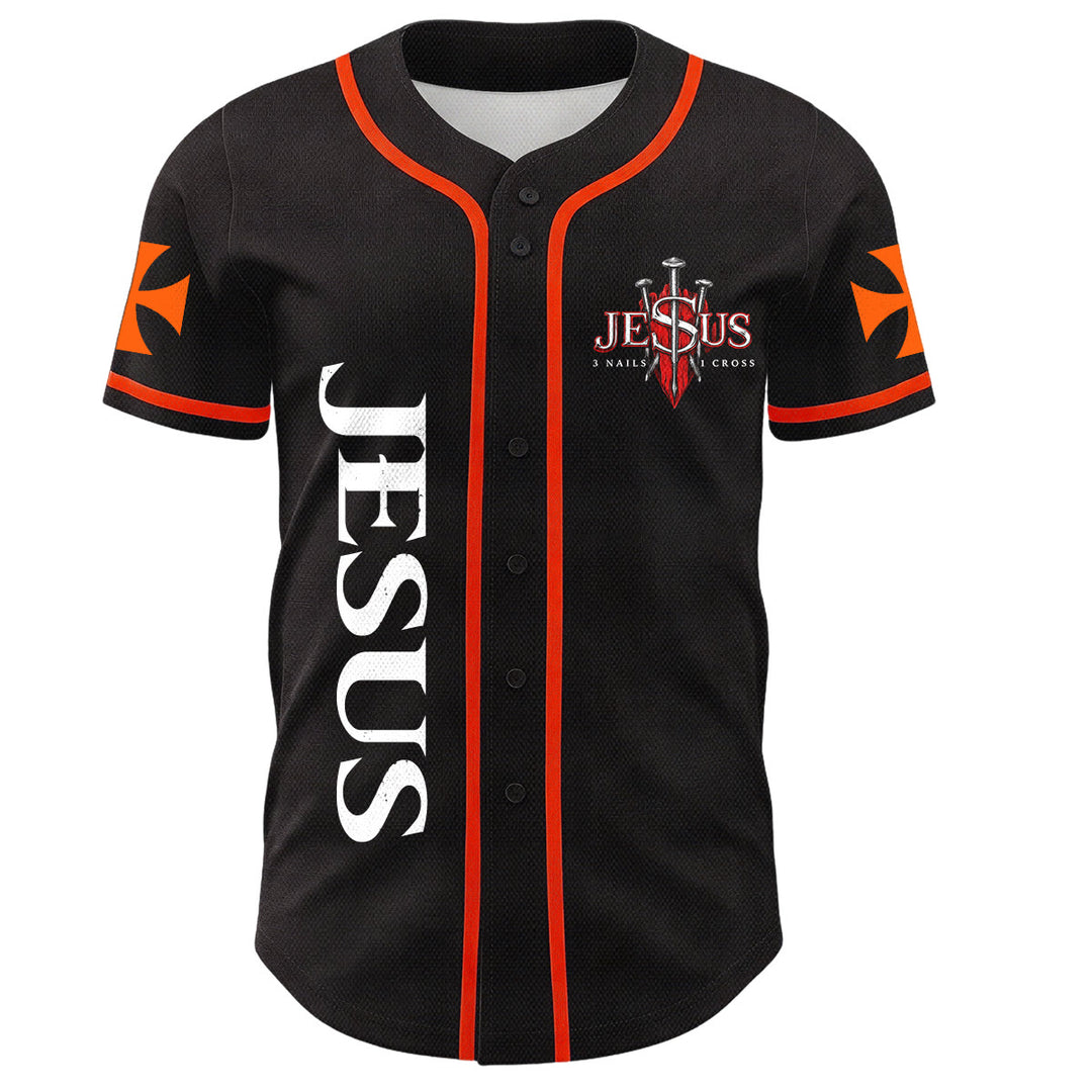 Christianartworkshop Front Vertical Jesus Nail Cross Emblem Back Lightning Lion Of Judah Portrait Button-Up Baseball Jersey - image 15