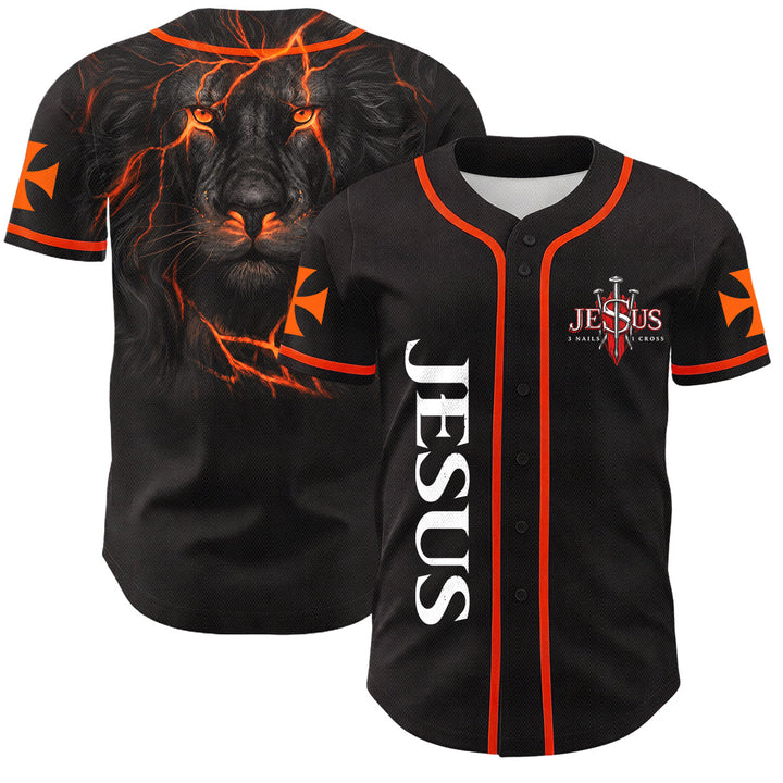 Christianartworkshop Front Vertical Jesus Nail Cross Emblem Back Lightning Lion Of Judah Portrait Button-Up Baseball Jersey - Orange - 5XL - image 14
