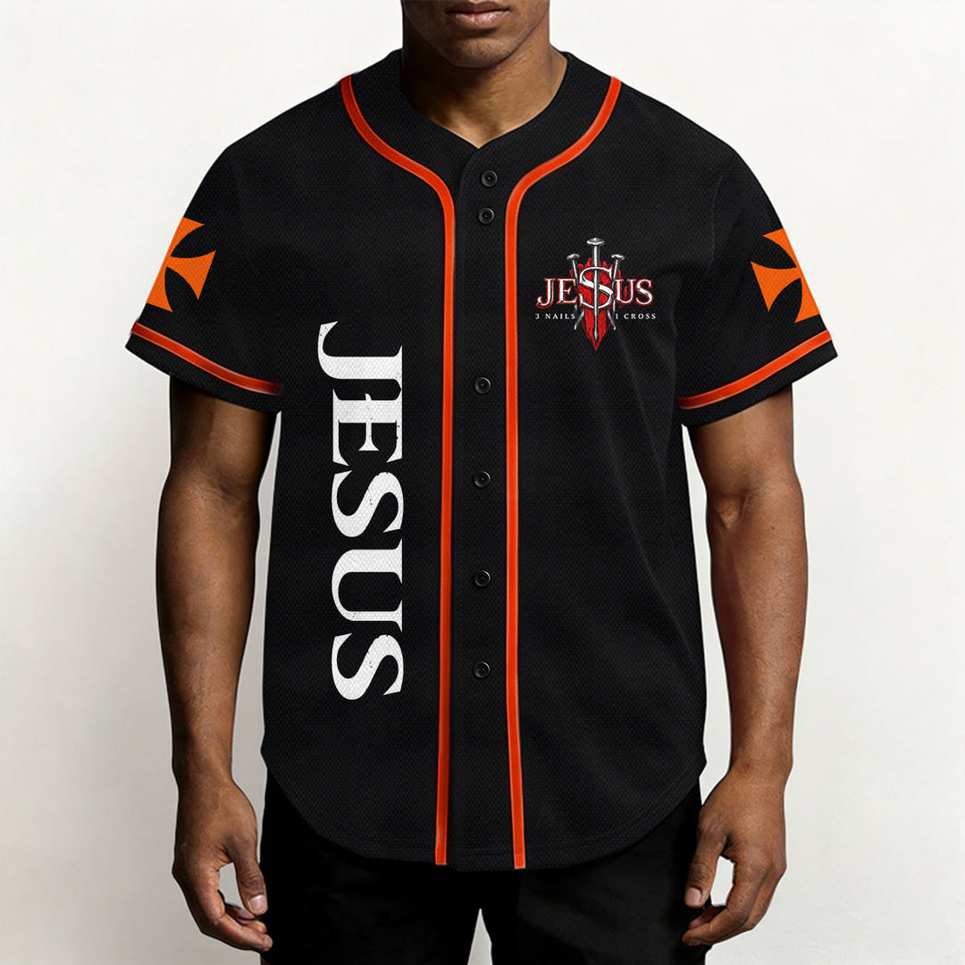 Christianartworkshop Front Vertical Jesus Nail Cross Emblem Back Lightning Lion Of Judah Portrait Button-Up Baseball Jersey - image 17