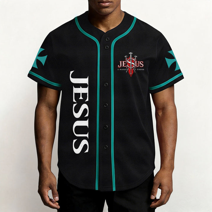 Christianartworkshop Front Vertical Jesus Nail Cross Emblem Back Lightning Lion Of Judah Portrait Button-Up Baseball Jersey - image 24