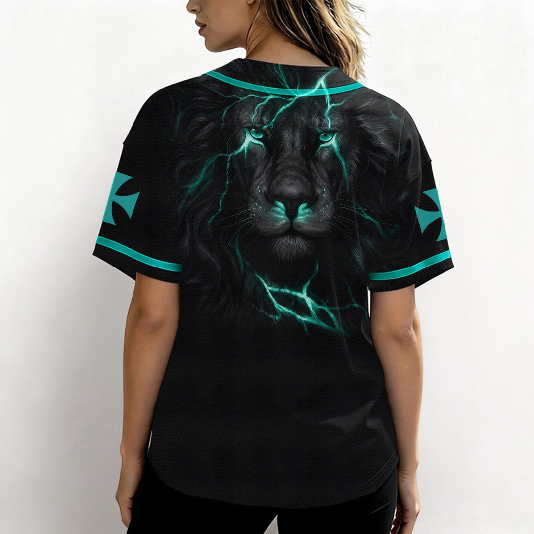 Christianartworkshop Front Vertical Jesus Nail Cross Emblem Back Lightning Lion Of Judah Portrait Button-Up Baseball Jersey - image 27