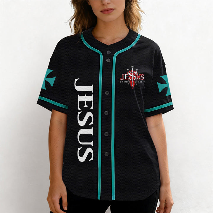 Christianartworkshop Front Vertical Jesus Nail Cross Emblem Back Lightning Lion Of Judah Portrait Button-Up Baseball Jersey - image 26