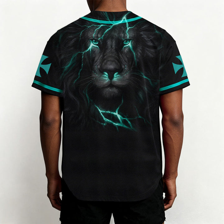 Christianartworkshop Front Vertical Jesus Nail Cross Emblem Back Lightning Lion Of Judah Portrait Button-Up Baseball Jersey - image 25