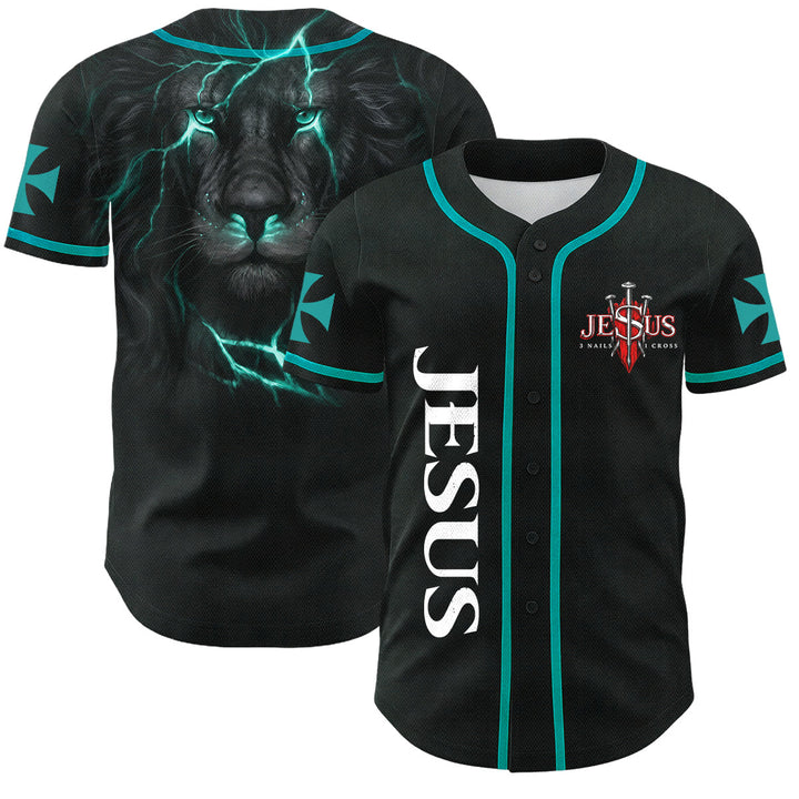 Christianartworkshop Front Vertical Jesus Nail Cross Emblem Back Lightning Lion Of Judah Portrait Button-Up Baseball Jersey - Lake Blue - 5XL - image 21