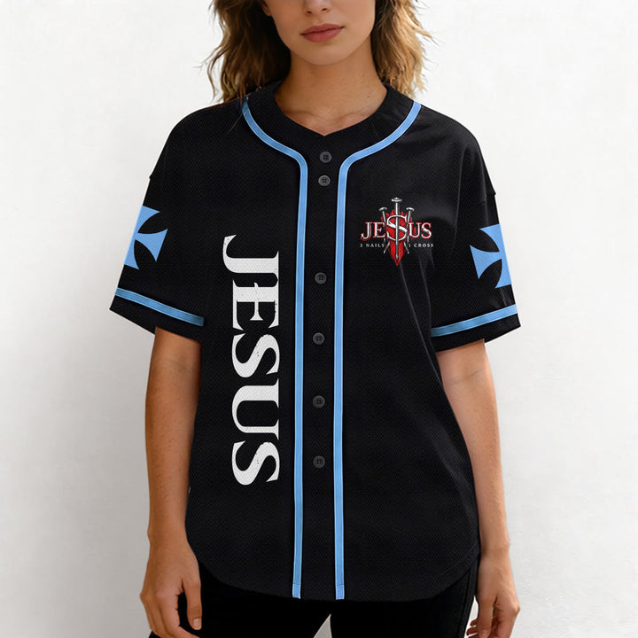 Christianartworkshop Front Vertical Jesus Nail Cross Emblem Back Lightning Lion Of Judah Portrait Button-Up Baseball Jersey - image 33
