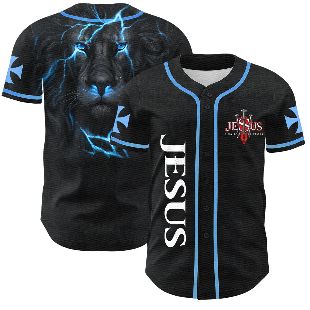 Christianartworkshop Front Vertical Jesus Nail Cross Emblem Back Lightning Lion Of Judah Portrait Button-Up Baseball Jersey - Sky Blue - 5XL - image 28