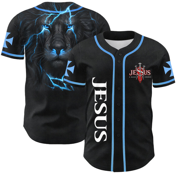 Christianartworkshop Front Vertical Jesus Nail Cross Emblem Back Lightning Lion Of Judah Portrait Button-Up Baseball Jersey - Sky Blue - 5XL - image 28
