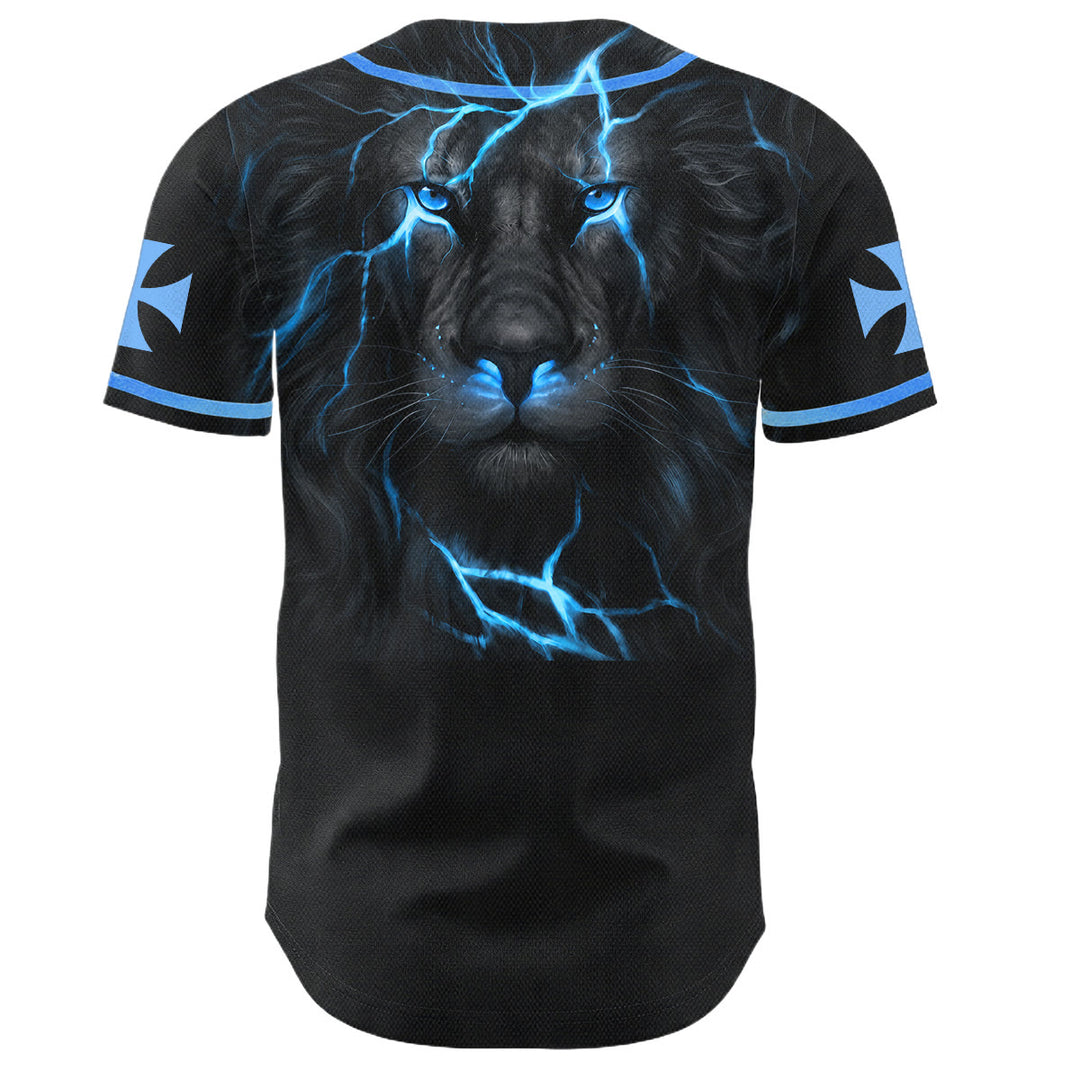 Christianartworkshop Front Vertical Jesus Nail Cross Emblem Back Lightning Lion Of Judah Portrait Button-Up Baseball Jersey - image 30