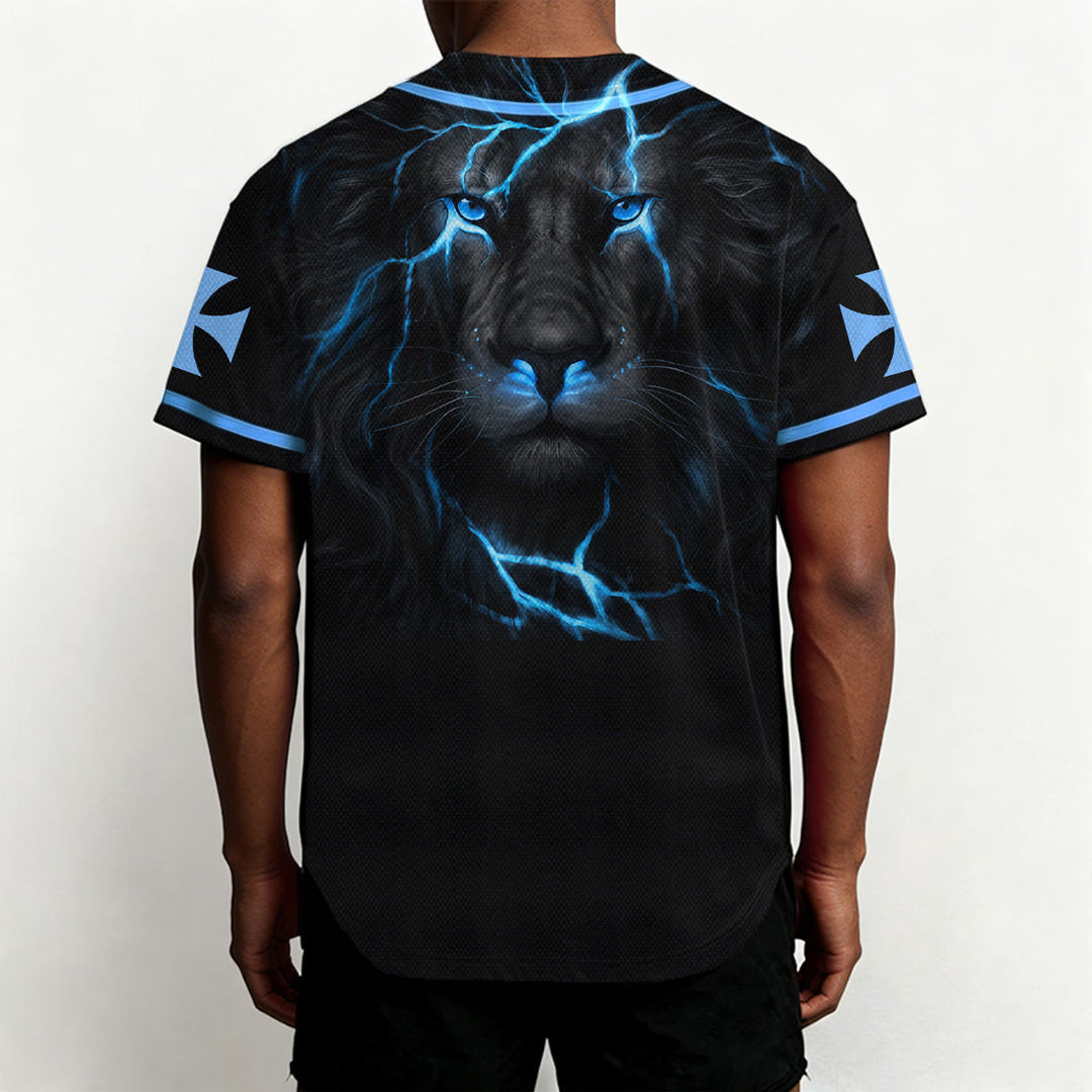 Christianartworkshop Front Vertical Jesus Nail Cross Emblem Back Lightning Lion Of Judah Portrait Button-Up Baseball Jersey - image 32