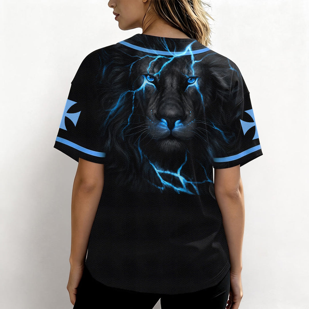 Christianartworkshop Front Vertical Jesus Nail Cross Emblem Back Lightning Lion Of Judah Portrait Button-Up Baseball Jersey - image 34