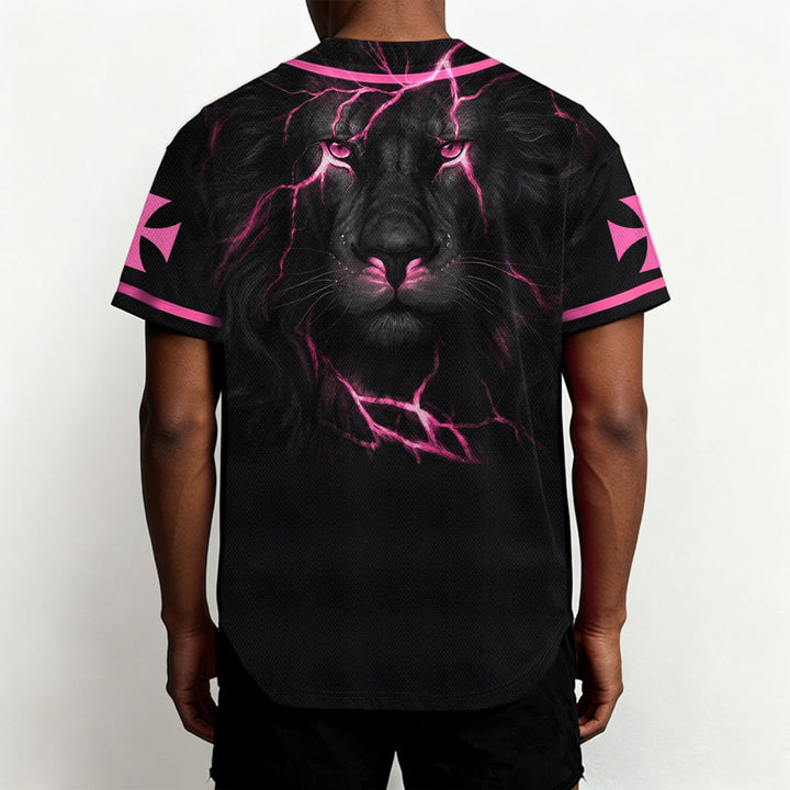 Christianartworkshop Front Vertical Jesus Nail Cross Emblem Back Lightning Lion Of Judah Portrait Button-Up Baseball Jersey - image 39