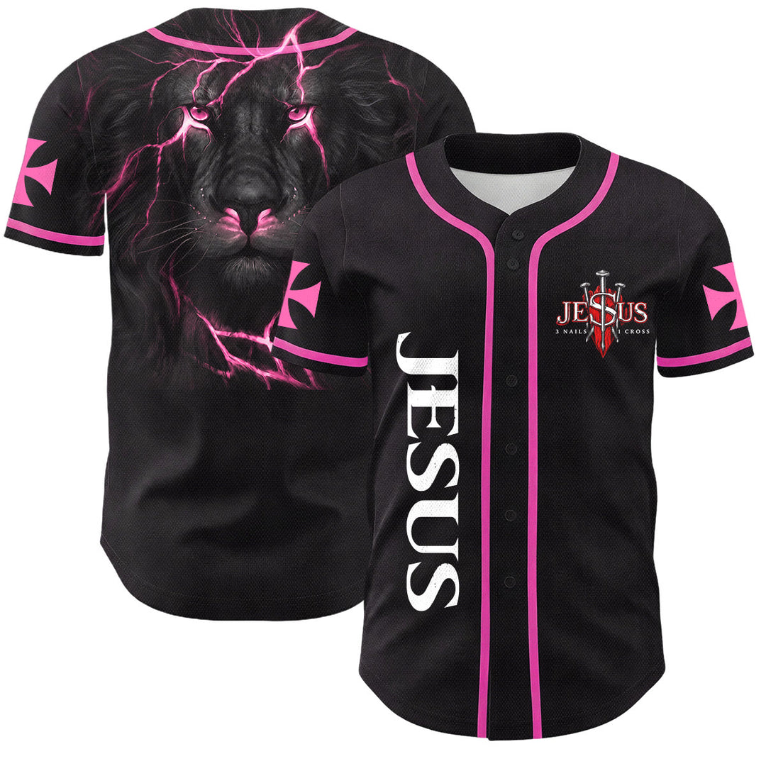 Christianartworkshop Front Vertical Jesus Nail Cross Emblem Back Lightning Lion Of Judah Portrait Button-Up Baseball Jersey - Pink - 5XL - image 35