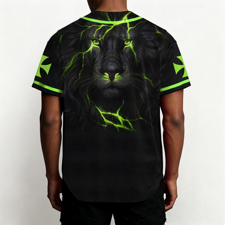 Christianartworkshop Front Vertical Jesus Nail Cross Emblem Back Lightning Lion Of Judah Portrait Button-Up Baseball Jersey - image 46