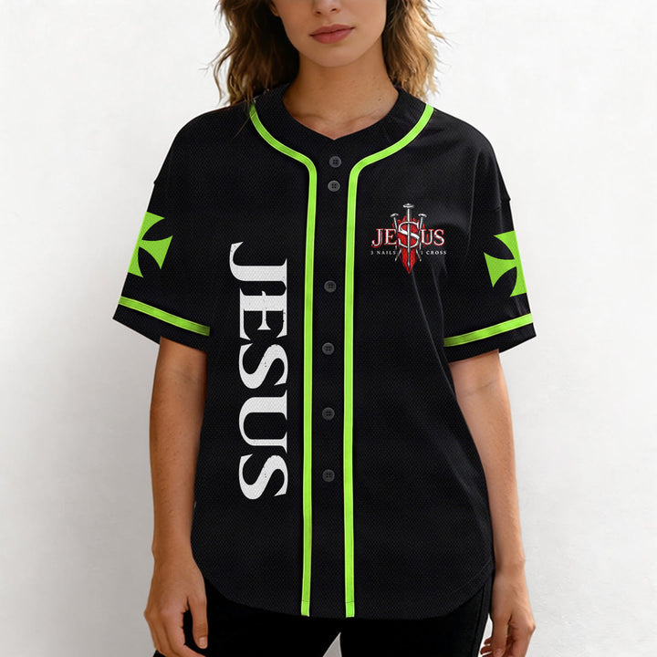 Christianartworkshop Front Vertical Jesus Nail Cross Emblem Back Lightning Lion Of Judah Portrait Button-Up Baseball Jersey - image 47