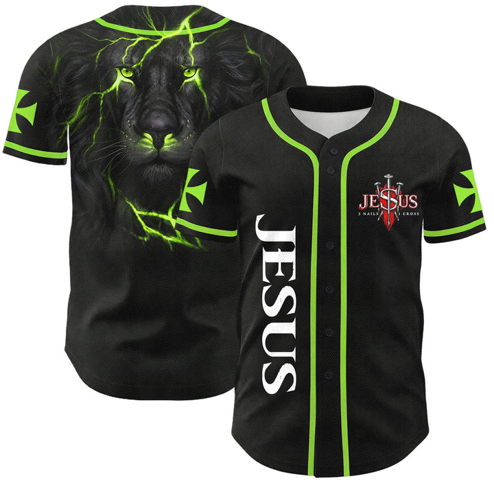 Christianartworkshop Front Vertical Jesus Nail Cross Emblem Back Lightning Lion Of Judah Portrait Button-Up Baseball Jersey - Green - 5XL - image 42