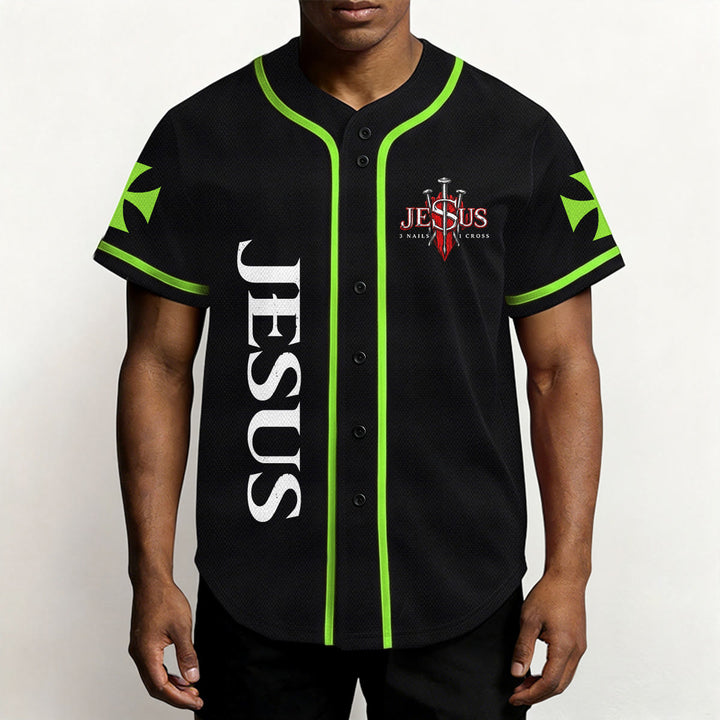 Christianartworkshop Front Vertical Jesus Nail Cross Emblem Back Lightning Lion Of Judah Portrait Button-Up Baseball Jersey - image 45