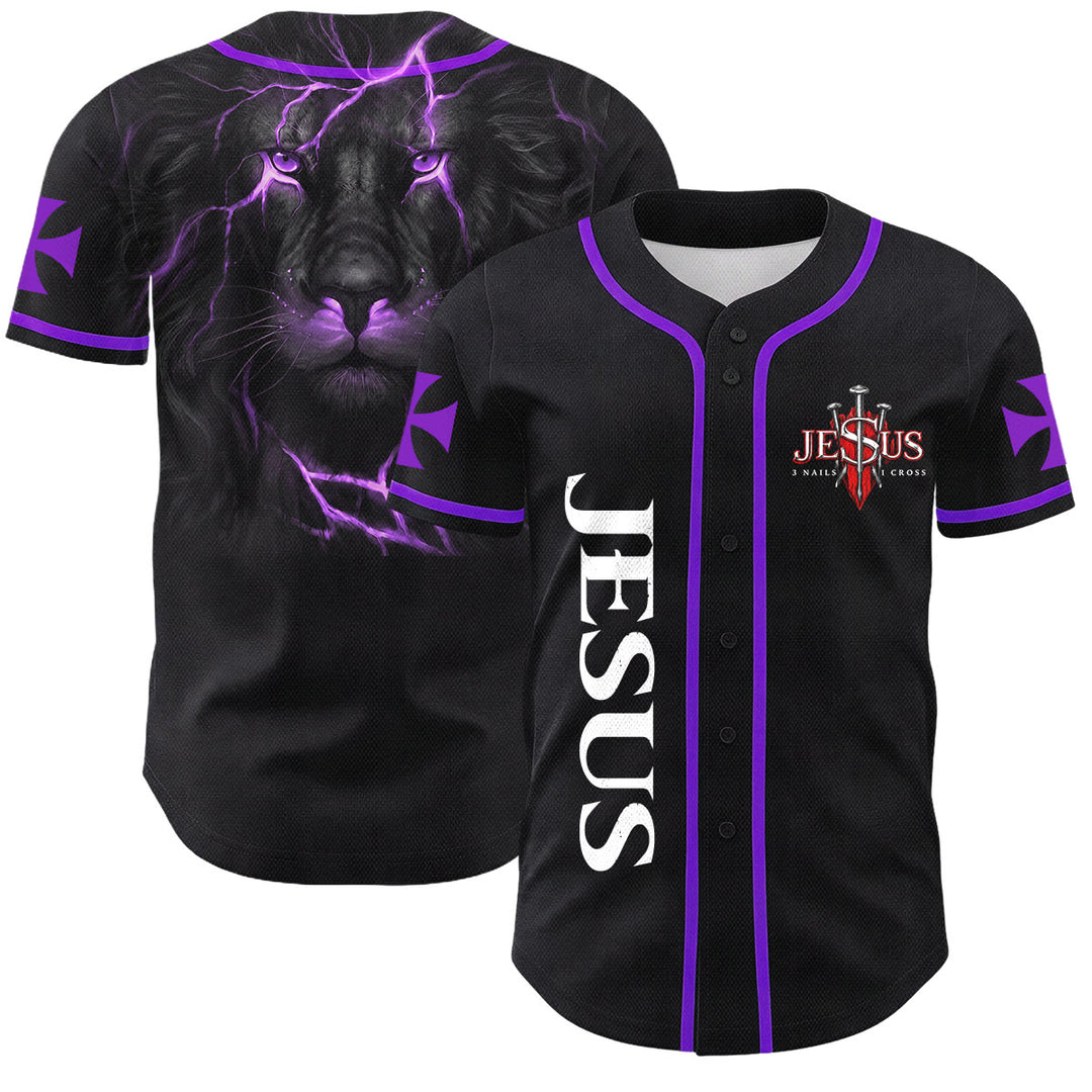 Christianartworkshop Front Vertical Jesus Nail Cross Emblem Back Lightning Lion Of Judah Portrait Button-Up Baseball Jersey - Purple - 5XL - image 49