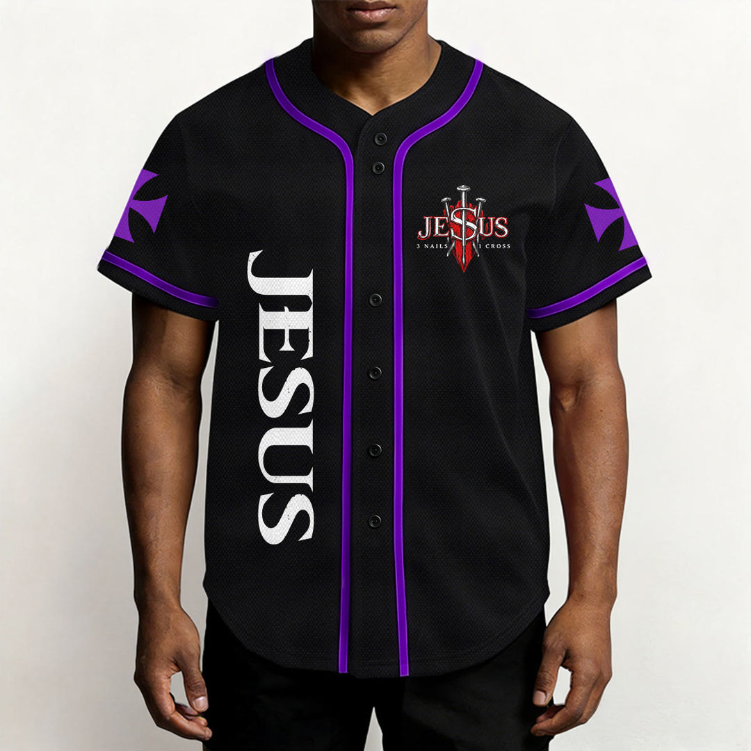 Christianartworkshop Front Vertical Jesus Nail Cross Emblem Back Lightning Lion Of Judah Portrait Button-Up Baseball Jersey - image 52