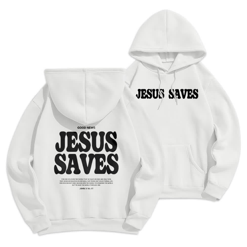 Christianartworkshop Jesus Saves White Pullover Streetwear Fleece Lined Polyester Hoodie - White - 2XL - image 0