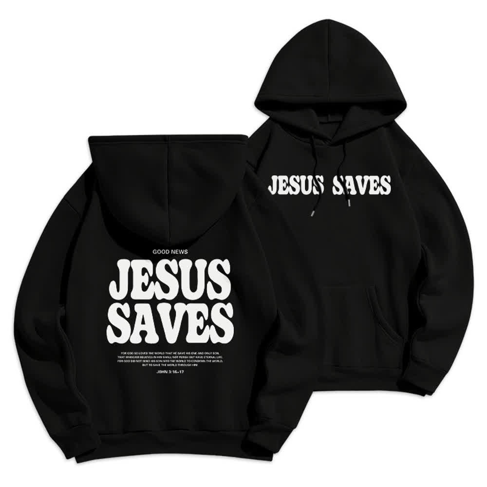 Christianartworkshop Jesus Saves White Pullover Streetwear Fleece Lined Polyester Hoodie - Black - 2XL - image 3