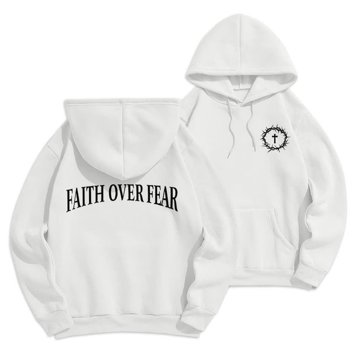Christianartworkshop Faith Over Fear Thorn Cross Pullover Fleece Lined Polyester Hoodie - White - 2XL - image 9