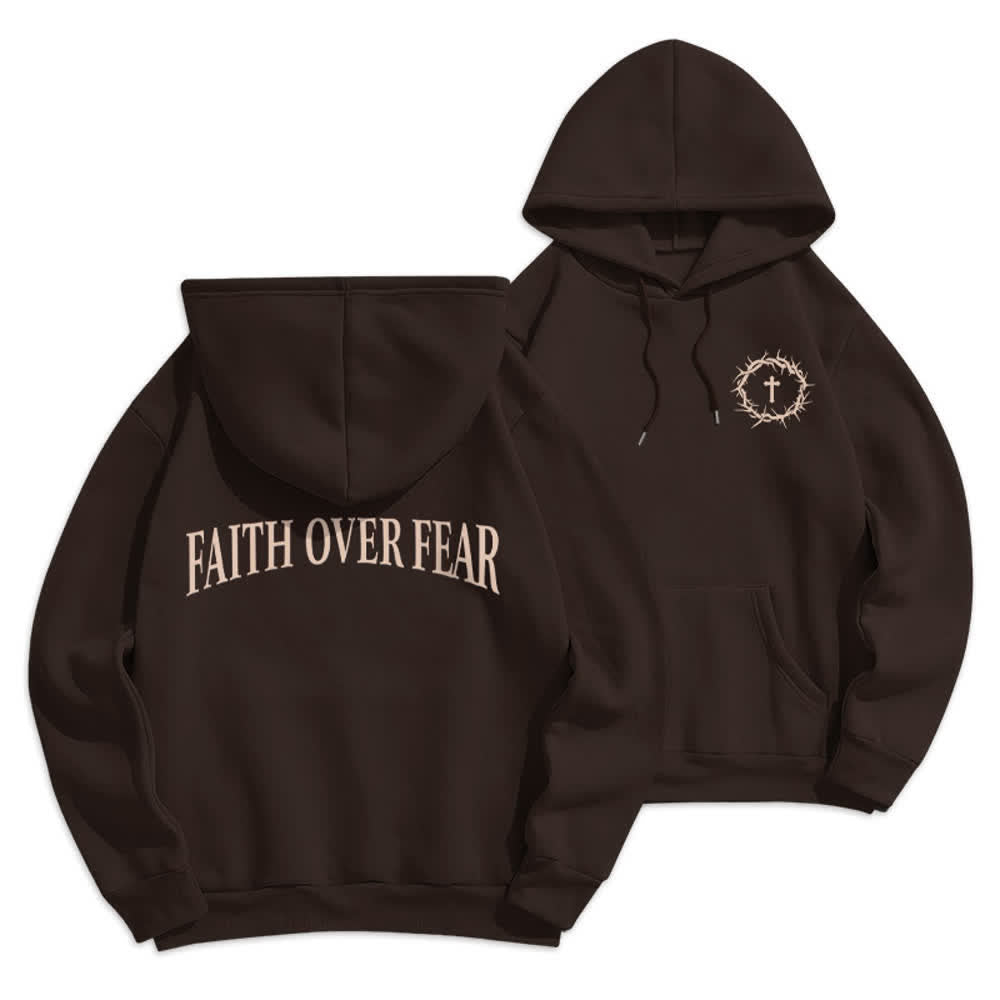 Christianartworkshop Faith Over Fear Thorn Cross Pullover Fleece Lined Polyester Hoodie - Brown - 2XL - image 0