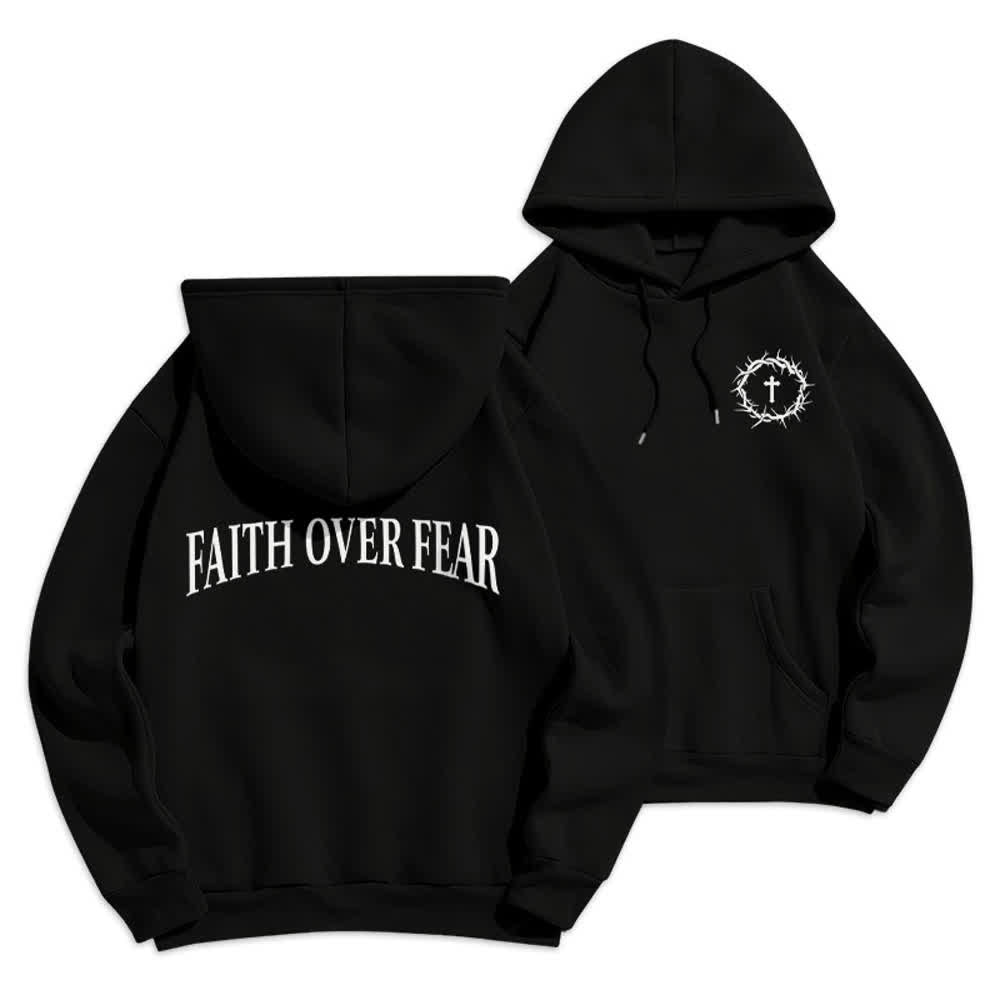 Christianartworkshop Faith Over Fear Thorn Cross Pullover Fleece Lined Polyester Hoodie - Black - 2XL - image 6