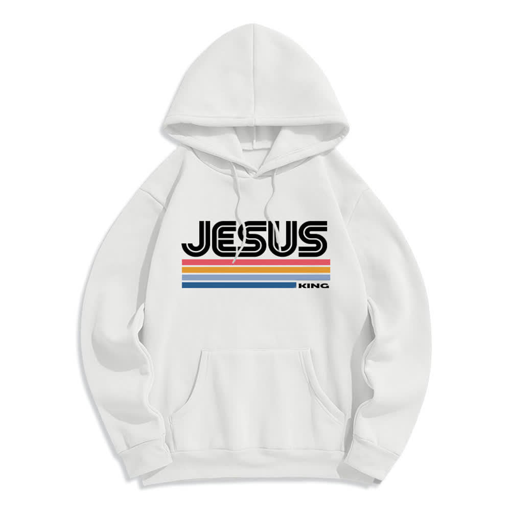 Christianartworkshop Jesus King Retro Stripe Pullover Fleece Lined Polyester Hoodie - White - 2XL - image 1