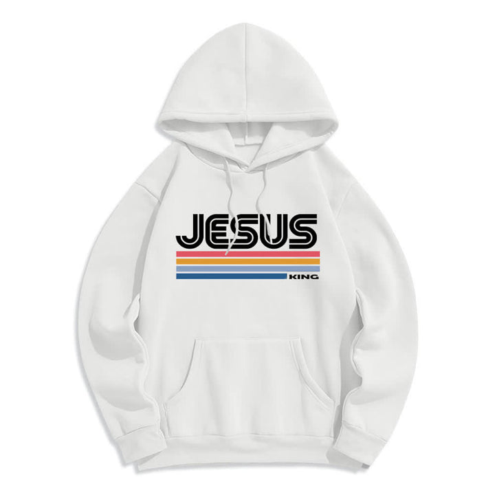 Christianartworkshop Jesus King Retro Stripe Pullover Fleece Lined Polyester Hoodie - White - 2XL - image 1