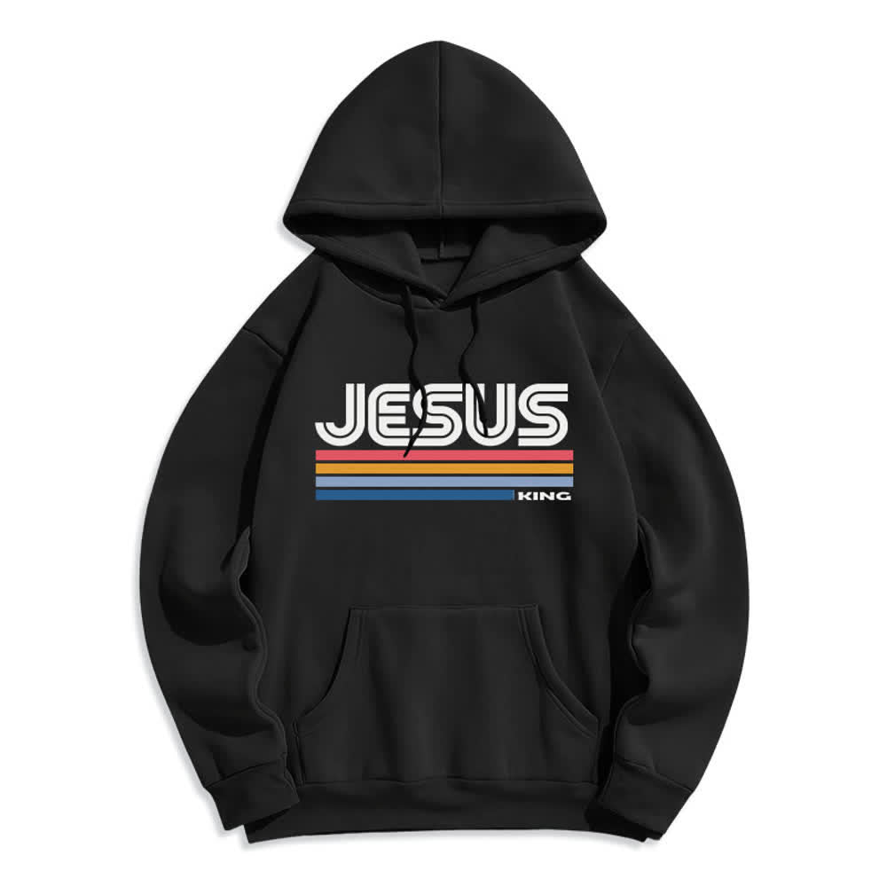 Christianartworkshop Jesus King Retro Stripe Pullover Fleece Lined Polyester Hoodie - Black - 2XL - image 2