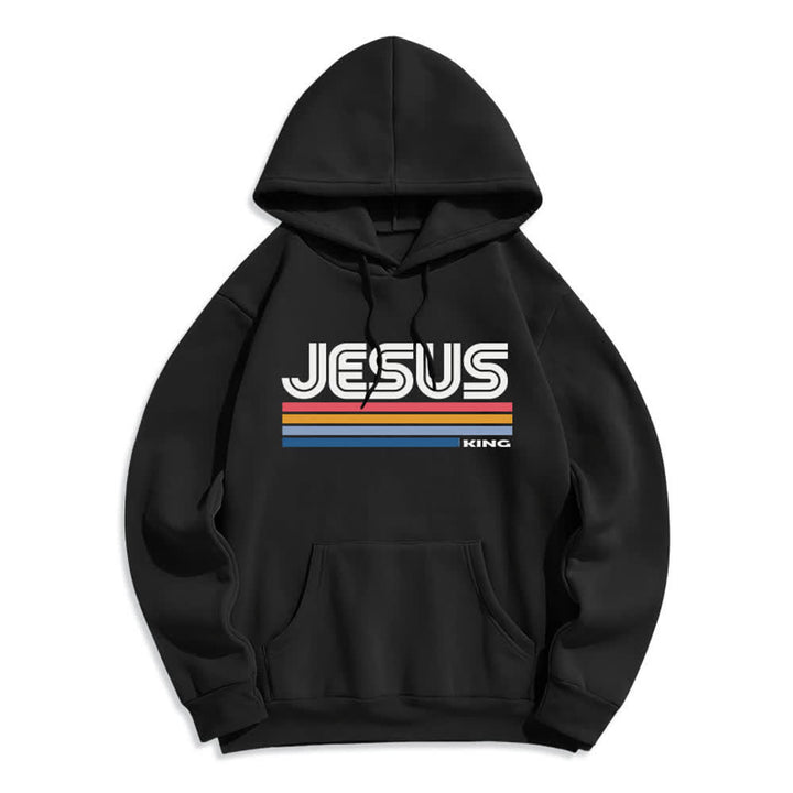 Christianartworkshop Jesus King Retro Stripe Pullover Fleece Lined Polyester Hoodie - Black - 2XL - image 2