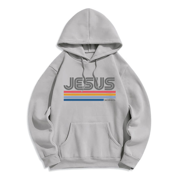 Christianartworkshop Jesus King Retro Stripe Pullover Fleece Lined Polyester Hoodie - Grey - 2XL - image 0