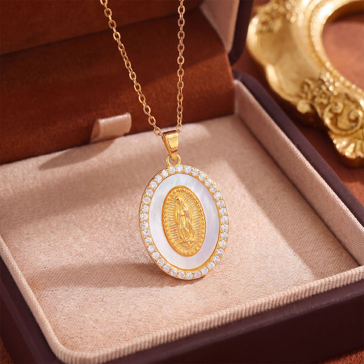 Christianartworkshop Crystal Halo Holy Maiden Medallion Necklace: Emblem of Gentle Heavenly Protectione - Golden - Solid Oval Shell Frame - image 13