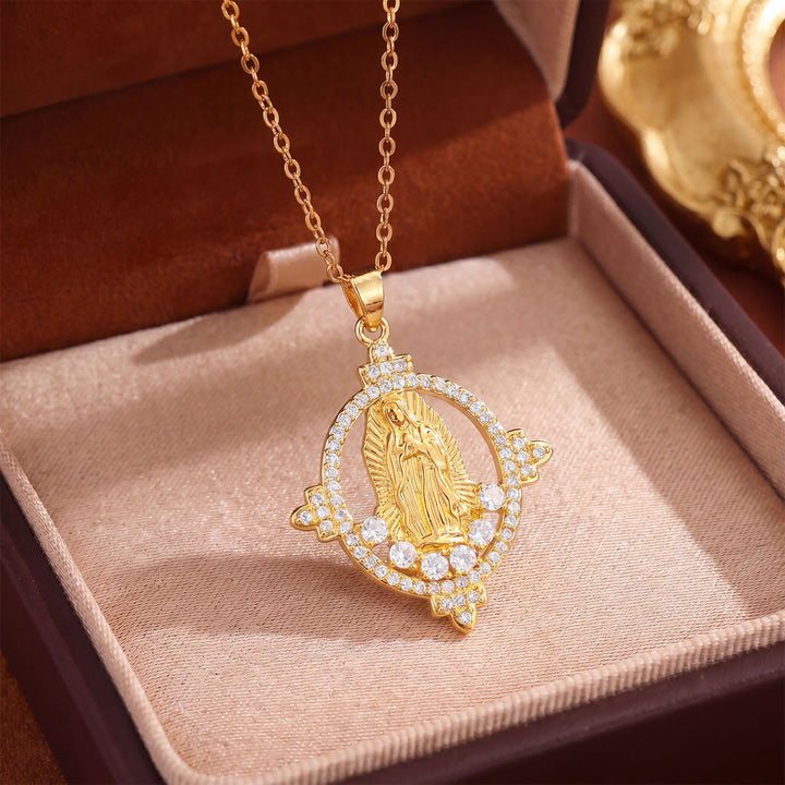 Christianartworkshop Crystal Halo Holy Maiden Medallion Necklace: Emblem of Gentle Heavenly Protectione - Golden - Oval - image 6